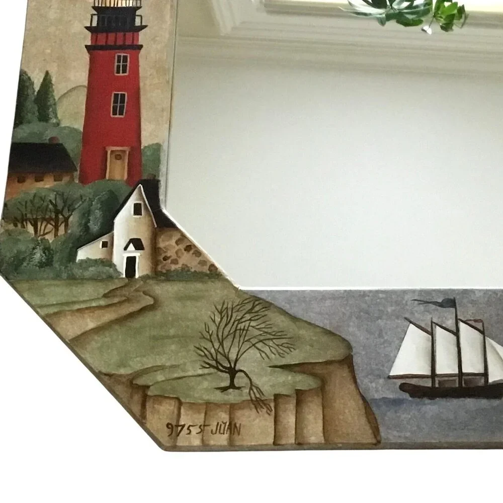Hand-Painted Lighthouse Nautical Mirror 18x18 Folk Art Coastal Ship Wall Decor